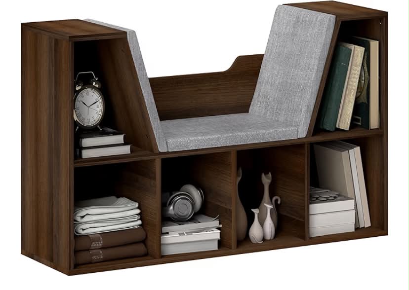 Bookcase Storage Shelf with Cushioned Reading Seat, Cube Bookshelf Organizer for Bedroom Living Room, Rustic Brown