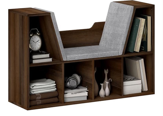 Bookcase Storage Shelf with Cushioned Reading Seat, Cube Bookshelf Organizer for Bedroom Living Room, Rustic Brown