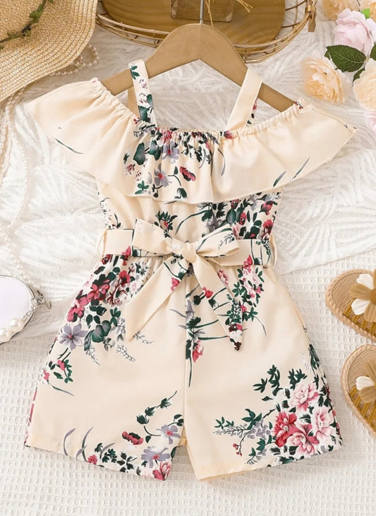 Girls' Off-Shoulder Floral Print Jumpsuit with Ruffled Sleeves & Waist Bow - Vibrant Pink & Green Summer Casual Outfit, Short Sleeveless Dress