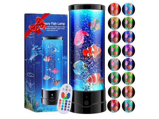 Electric Bubble Fish Tank Table Lamp with Remote 16 Color Changing Fake Aquarium Night Light with Lifelike Fishes Gifts for Kids Men Women Home Decor Sensory Mood Light for Relax