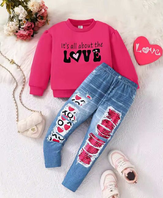 Girls Pink LOVE Print Long Sleeve round Neck Top