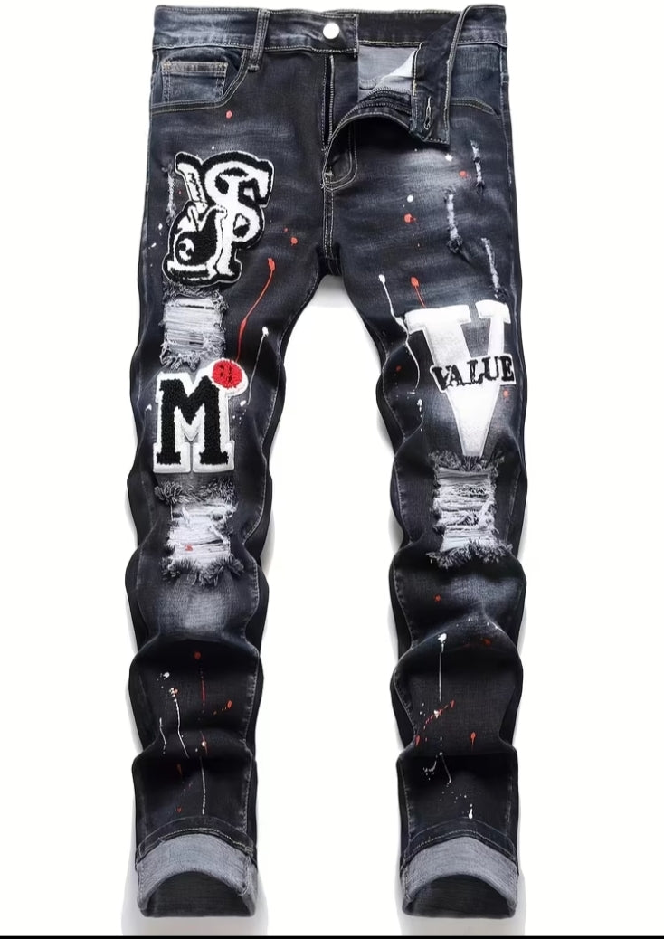 Men'S Stretch Skinny Ripped Denim Jeans - Mid-Rise Casual Pants with Letter Print,