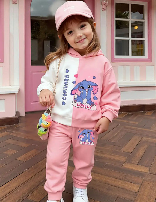 A two-piece set of cute letter cartoon animal printed hoodie and printed pants for girls in autumn and winter, suitable for outdoor casual wear