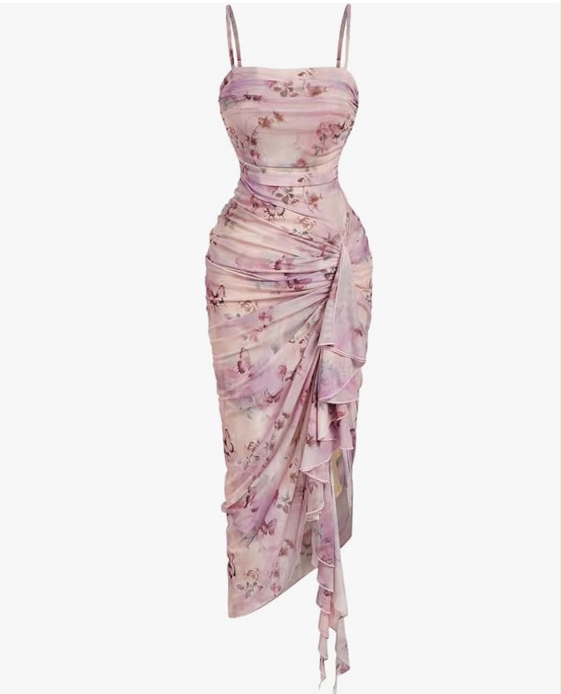 Romantic Date Night Dresses for Women UK Floral Ruched Asymmetrical Ruffle Trim Dress Coquette Bodycon Midi Sundress