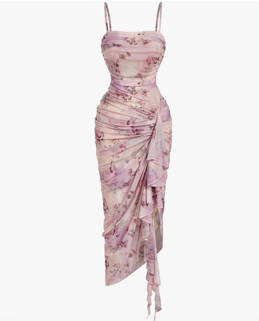 Romantic Date Night Dresses for Women UK Floral Ruched Asymmetrical Ruffle Trim Dress Coquette Bodycon Midi Sundress