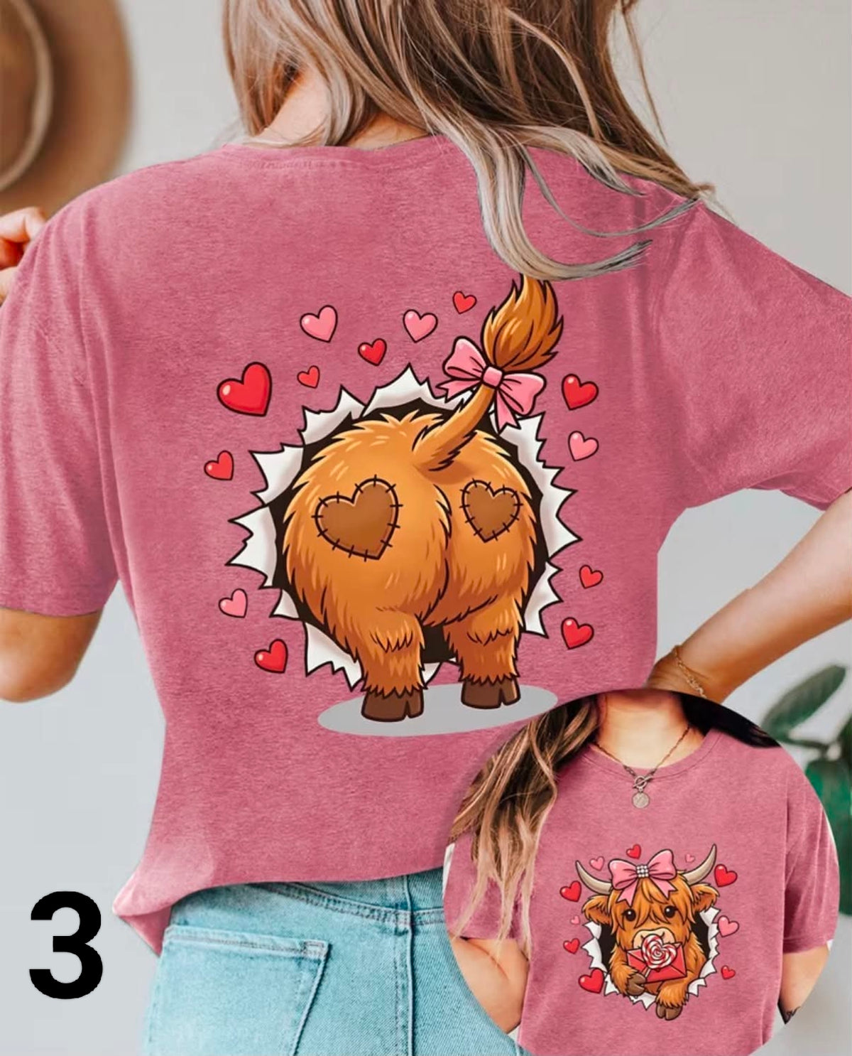 Distressed Highland Cow Print Double-Sided Round Neck Short Sleeve T-Shirt, Athletic Casual Lightweight Comfortable Soft Fashionable,