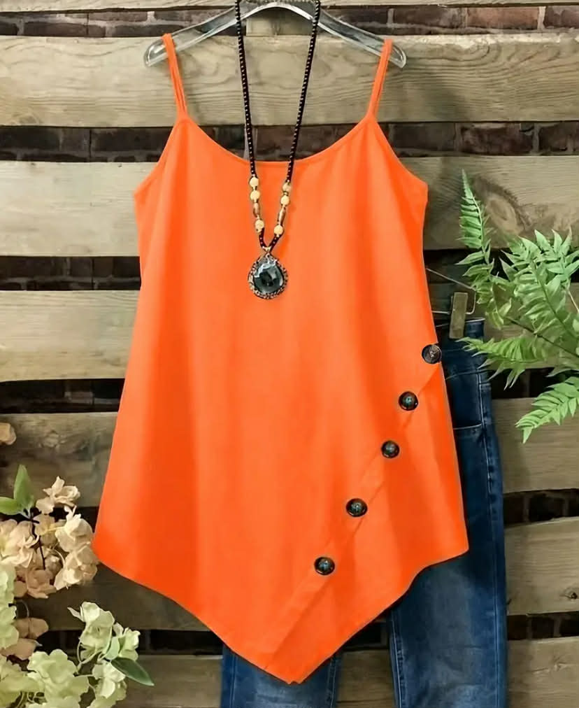Plus Size Women'S Summer Solid Color Casual Crew Neck Slingback with Fake Buttons  Medium Stretch Fabric, Pullover Style