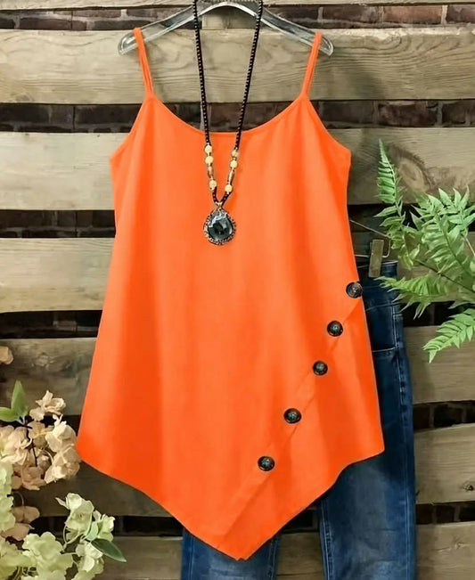 Plus Size Women'S Summer Solid Color Casual Crew Neck Slingback with Fake Buttons  Medium Stretch Fabric, Pullover Style