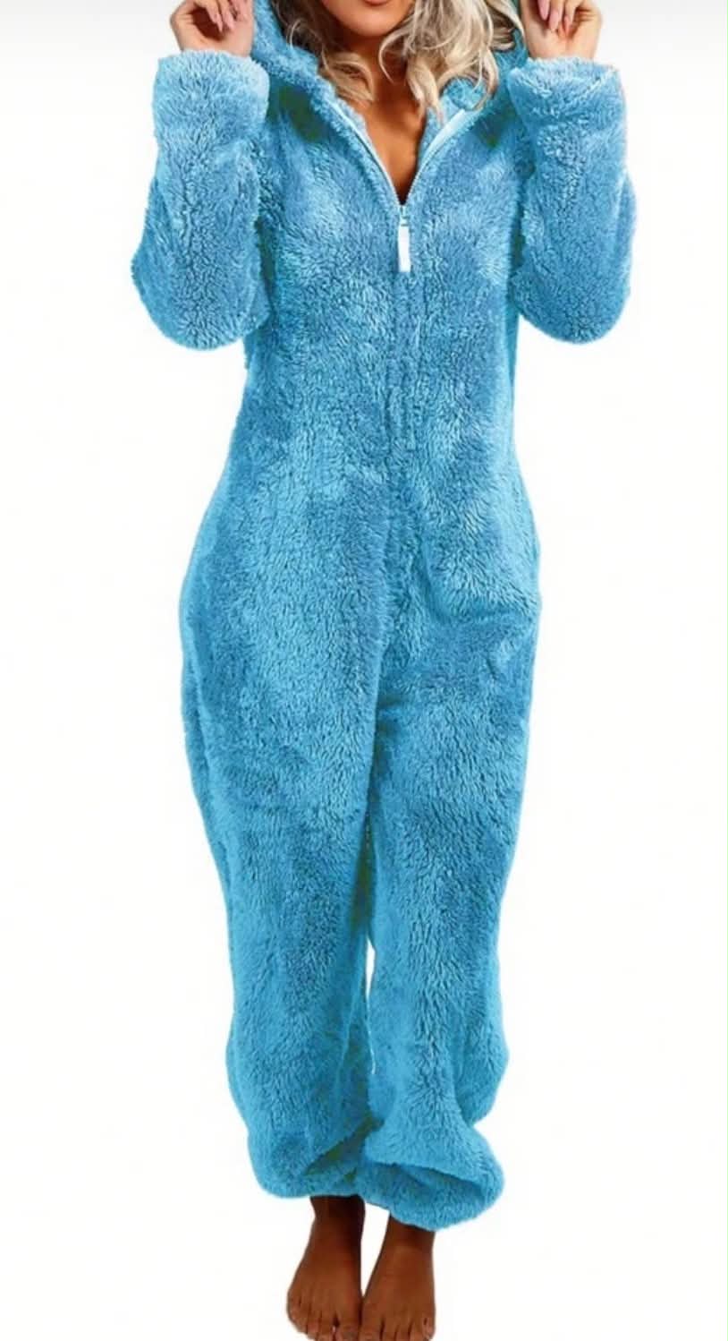 Women Thick Plush Sleeping Romper With Bear Ear Hat, Long Sleeve Zipper Hooded Jumpsuit