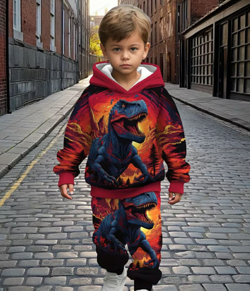 Boys' Dinosaur Roar Hooded Set, Featuring a Bold Dinosaur Print, Exudes a Trendy and Cool Vibe. This Casual Hoodie and Sweatpants Set Is the Perfect Choice for Spring and Autumn, and an Ideal Option for Outdoor Activities, Perfect for Outdoor