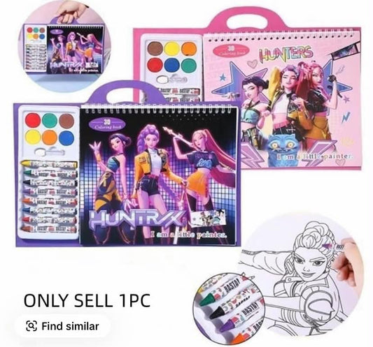 Girl Pattern Coloring Set, Children's Portable Crayon Watercolor Art Toolbox,