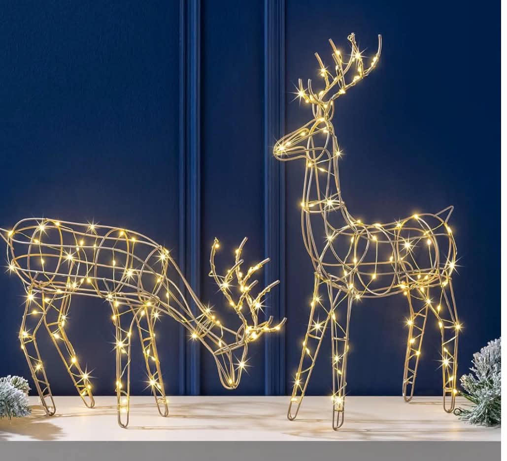 Set of 2 Christow Light Up Reindeer Decorations, Champagne Gold, 
Standing & Grazing Reindeer, Warm White Micro LEDs, Battery Powered with Timer, Freestanding.