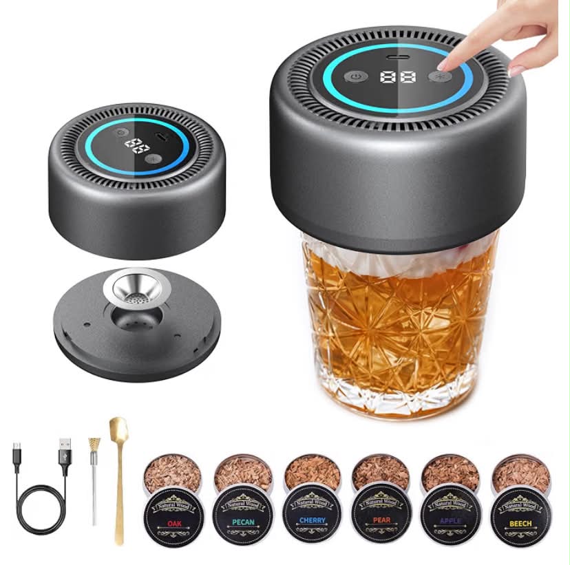 Electric Whiskey Smoker Kit & Cocktail Smoker Kit – Flameless with LED Breathing Light & Countdown, Type-C Rechargeable (170+ Ignitions)