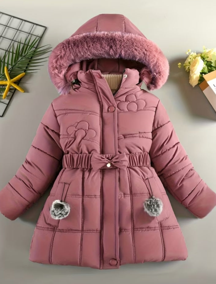 Girls' Casual Fashion Belt Detachable Plush Hat Dress Coat Winter