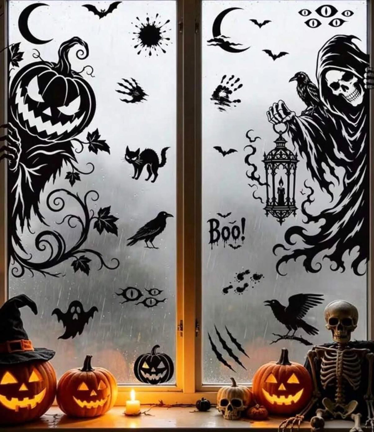 2 pcs Halloween Static Cling Window Decals, Black Horror Reaper& Bat Decals