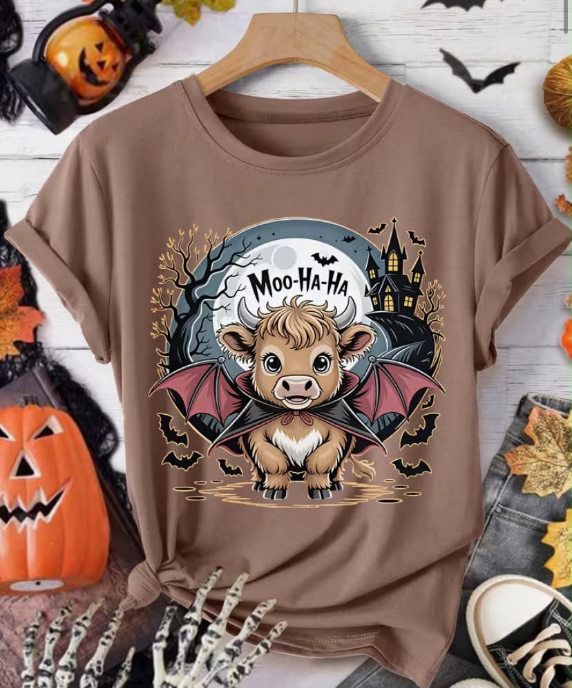 Women's T-Shirt Party Gift Moo-Ha-Ha Text Vampire Highland Cow Castle Dead Tree Bat Full Print  Round Neck Short Sleeve Dark Cute Style  All-Season