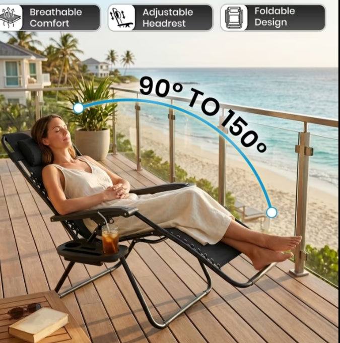 1 pc Folding Zero Gravity Chair Recliner with Side Tray & Removable Pillow Portable Outdoor Sun Lounger