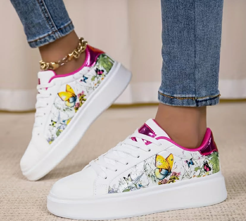 Women'S Butterfly Elements Design. Thick Sole. Height Increasing. Fashionable. Lightweight. Trendy White Sneakers for Women.