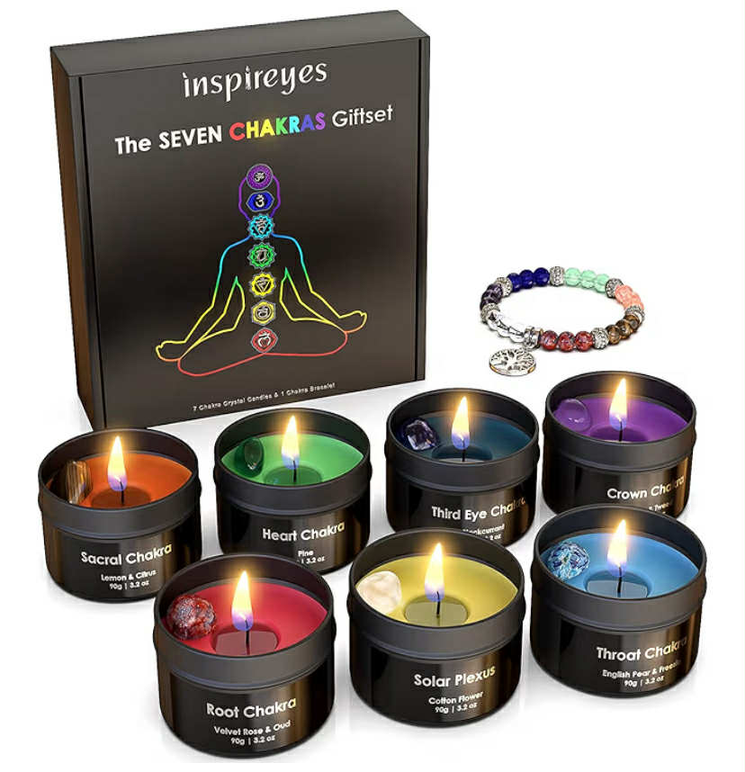 Chakra Candles with Premium Crystal and Healing Stones, Luxury Meditation Scented Candles Gift Set for Women, Stress Relief Spiritual Healing Candles for Yoga, Aromatherapy
