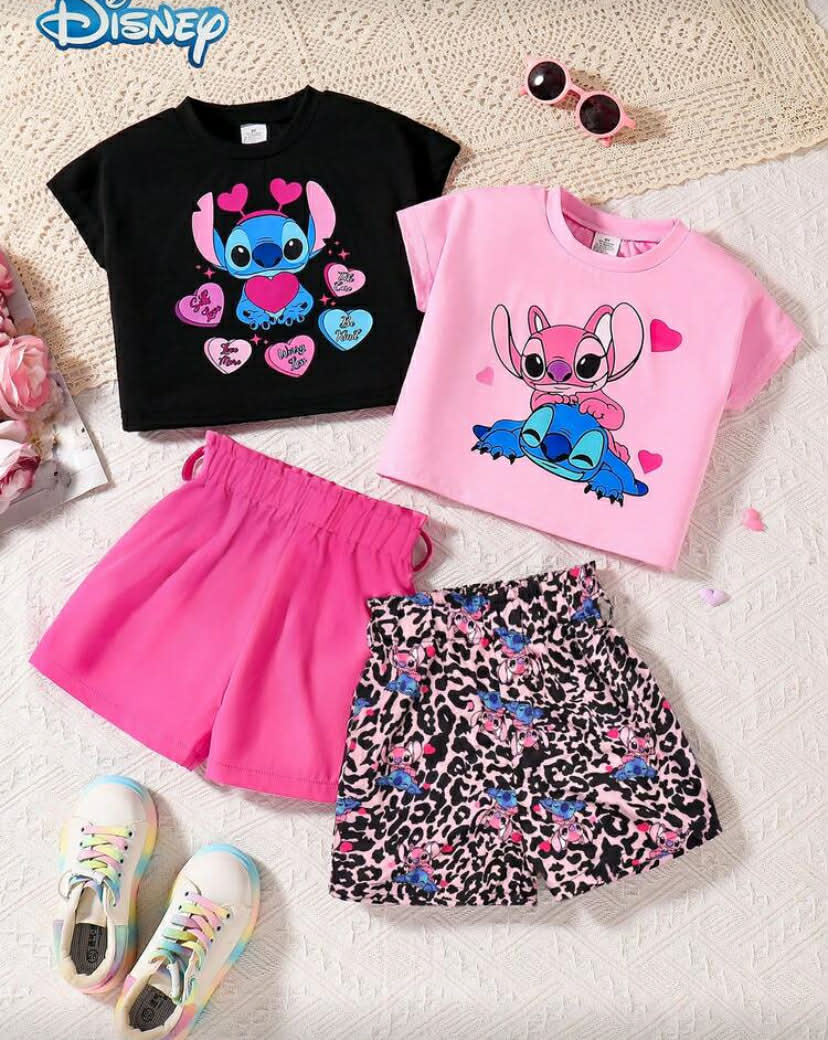 Disney 4pcs Lilo And Stitch Girls Summer Set, Young Girls Raglan Sleeve Stitch Heart Print Tee And Solid Color Elastic Waist Leopard Print Shorts, Cute Outfit For Vacation And Outdoor