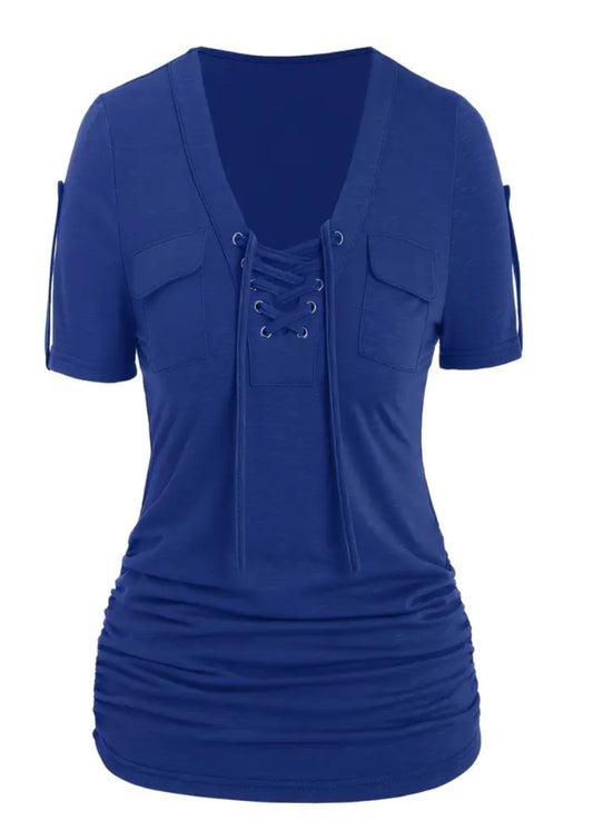Plus Size -Designed Casual Style Front and Center Eyelet Lace-Up Short Sleeve T-Shirt