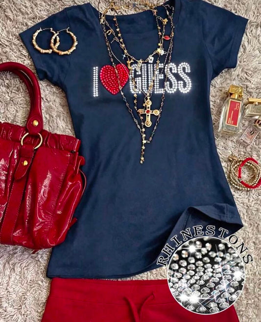 Women's Round Neck Short Sleeve T-Shirt,  Style Rhinestone Slogan & Colorful Diamond