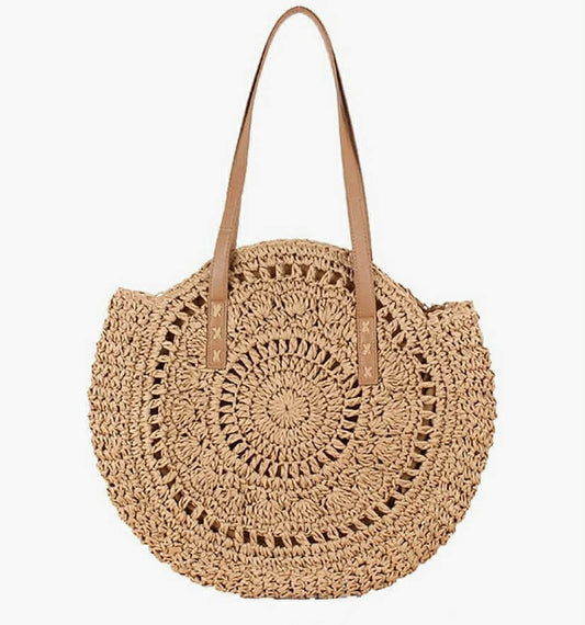 Handmade Large-Capacity Hollow Circular Straw Bag, Fashionable Female One-Shoulder Woven Summer Beach Bag（Brown）
