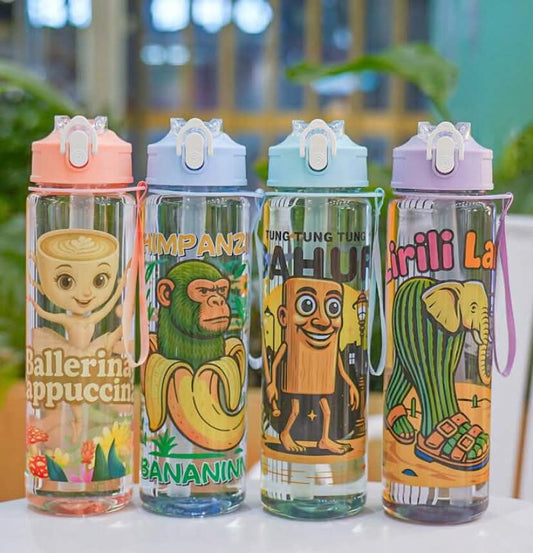 1 pc 750ml/26oz Shan Hai Jing Themed Transparent Plastic Straw Water Bottle, Leak-Proof When Inverted, With Handle Strap