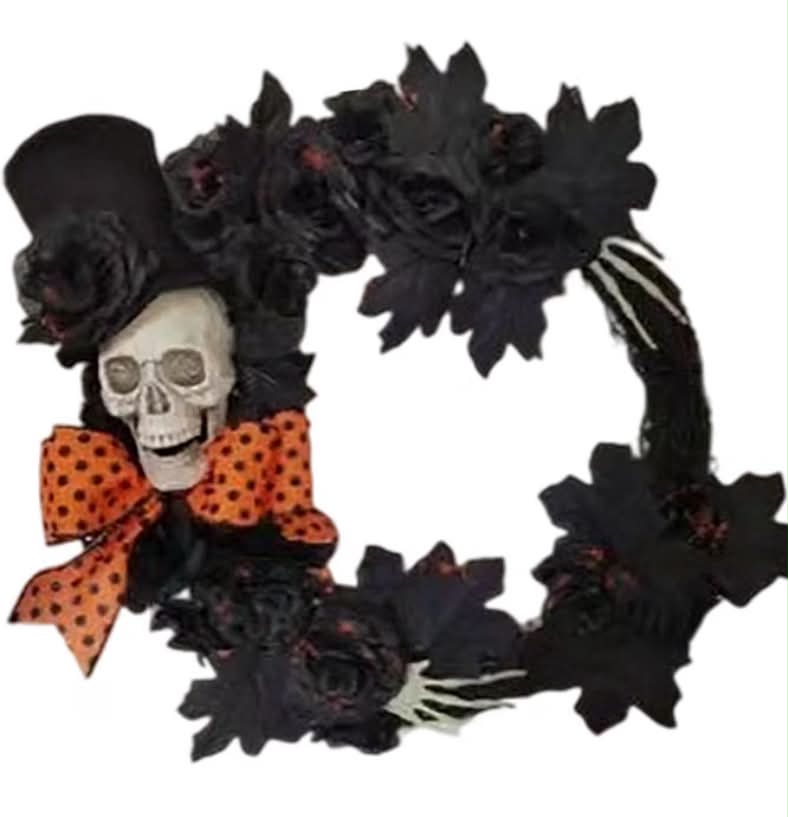 Halloween Wreath Skull Hand, Black Rose Door Garland Rattan Pumpkin,