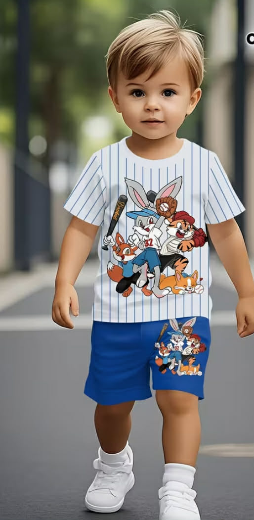Boys' Short-Sleeved Set Trendy and Fashionable Cartoonish Cute Animal Blue and White Striped Pattern Prints, Comfortable
