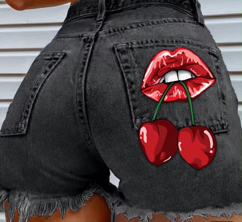 High-Waist Denim Shorts for Women Spring/Summer Trendy Solid Color Straight-Leg with Versatile Back Pocket & Lip Cherry Print Design