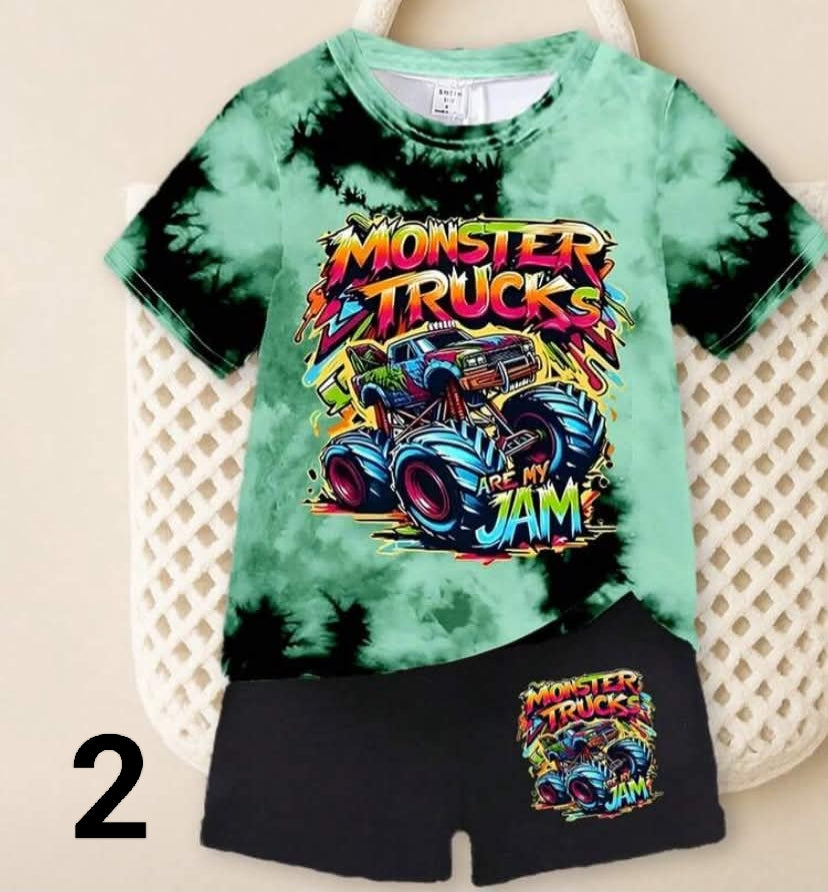 Young Boy Summer Casual Tie-Dye Cartoon Car Graphic Round Neck Short Sleeve T-Shirt And Shorts Set Young Boys 2 Piece