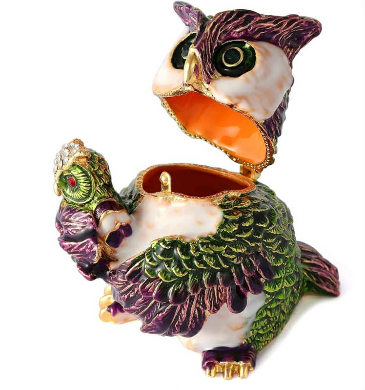 Owl Series Hand Painted Jewelry Trinket Box with Rich Enamel and Sparkling Rhinestones Unique Gift Home Decor