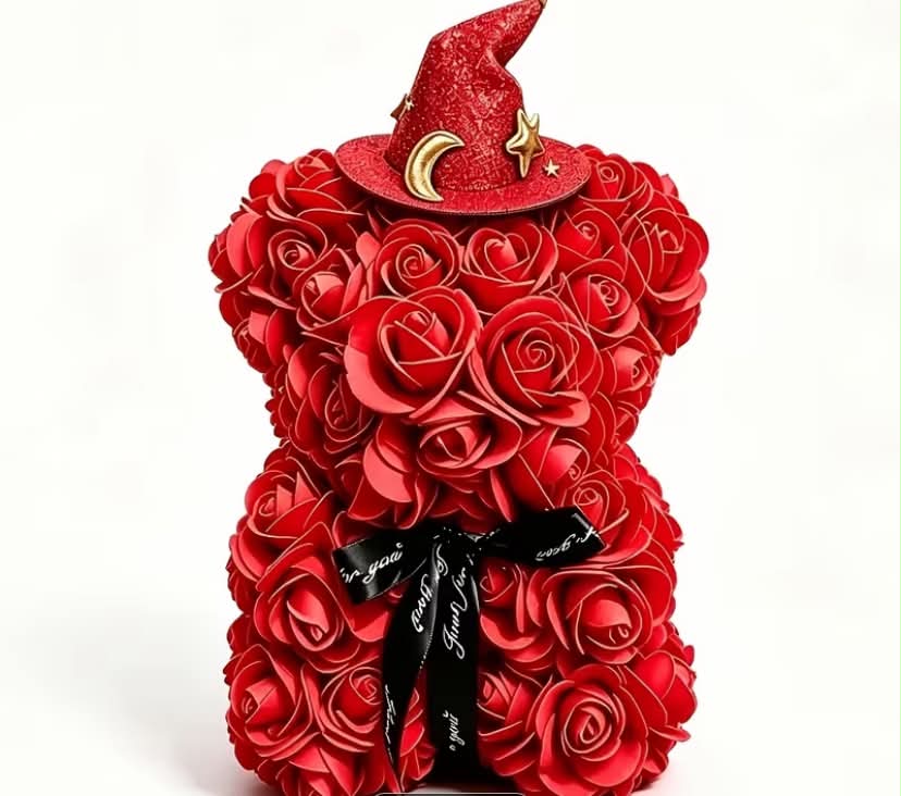 Halloween Red or Blue Rose Bear with Wizard/Witch Hat, Eerie Gothic Home Decor, Halloween Gift