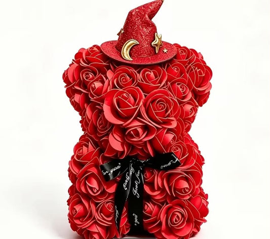 Halloween Red or Blue Rose Bear with Wizard/Witch Hat, Eerie Gothic Home Decor, Halloween Gift