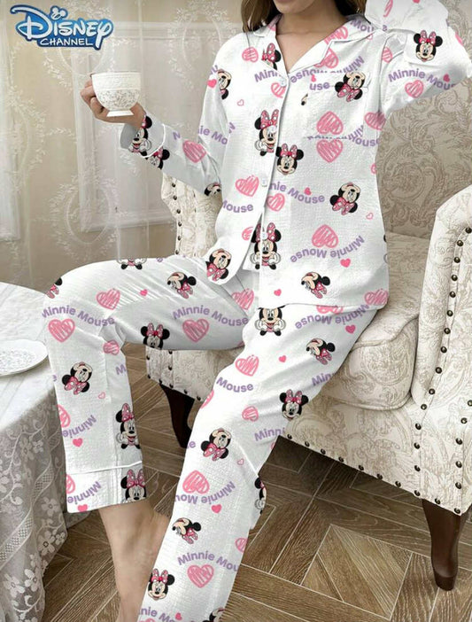 2pcs  Minnie Mouse Print Ruffle Trim Cardigan & Pants Women Pajama Set