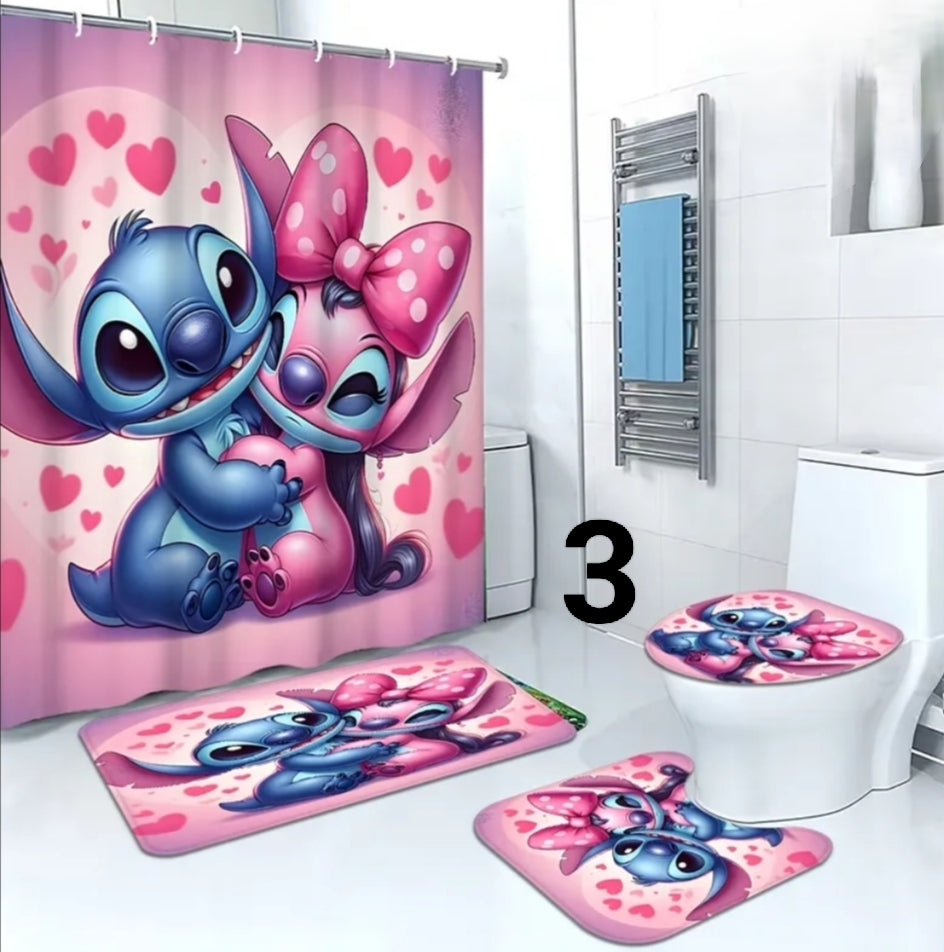 4 pcs Home Bathroom Shower Curtain And Mat Set Stitch Cute Moments -  Includes Shower Curtain, Toilet Lid Cover, Floor Mat And U-Shaped Mat  180.01X180.01Cm, with 12 Hooks