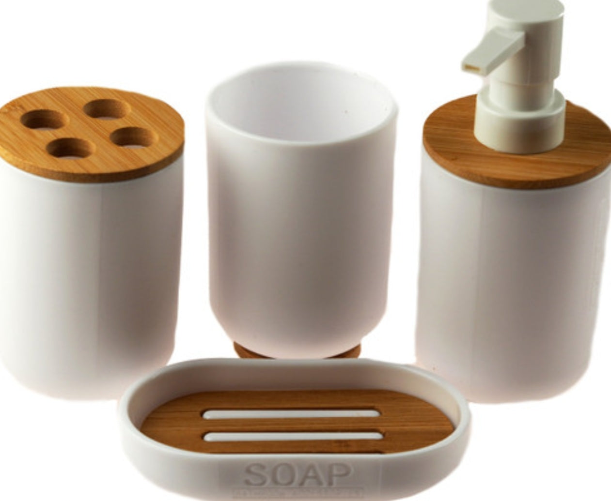 Complete 4 Piece White Bamboo Bathroom set
