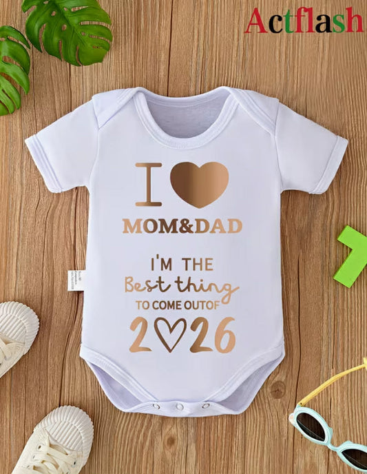 I Love Mom&dad I'm the Best Thing to Come Out of 2026 Letter Print New Year Baby Romper Newborn Crawling Suit Onesie Soft and Comfortable Pregnancy Gift, Perfect for Outdoor