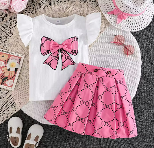 2 pcs Set Prowow Girl School Outfit Flutter Sleeve Front Bow T-shirt and Vintage Printed Skirt Summer