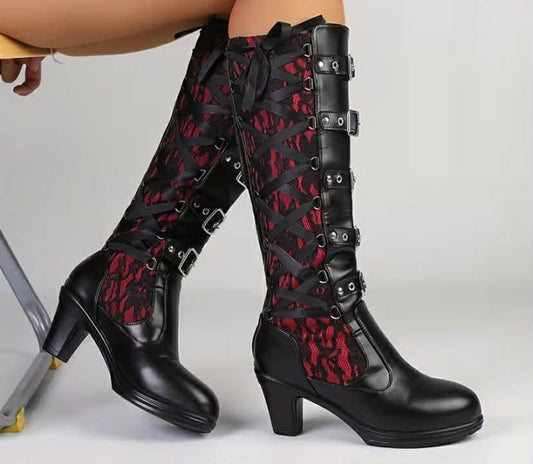 Women's Gothic Punk High-Top Boots with Round Toe, Back Zipper & Lace Block - Chunky High Heel Suitable for Weddings, Parties, Motorcycle Riding - - Gothic Boots, Women Shoes