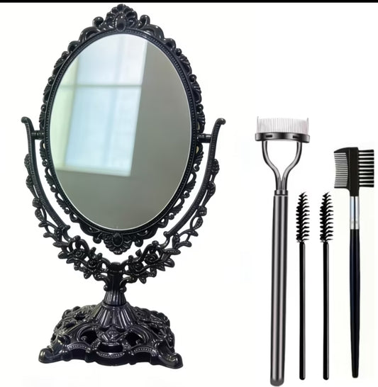 Vintage Vanity Mirror & Eyelash Grooming Set: Double-Sided 360° Swivel Makeup Mirror with Lash Separator, Spoolie Brushes & Eyebrow Comb, Professional Eye Makeup Tools for Lash Styling, Daily Beauty Routine,