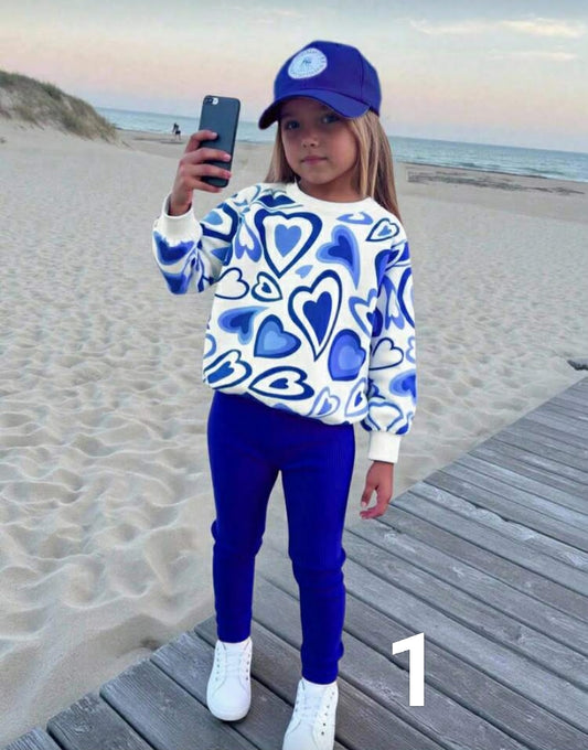 Sparklyn 2pcs/Set Girls Casual Heart Print Long Sleeve Top And Pink Pants Outfit