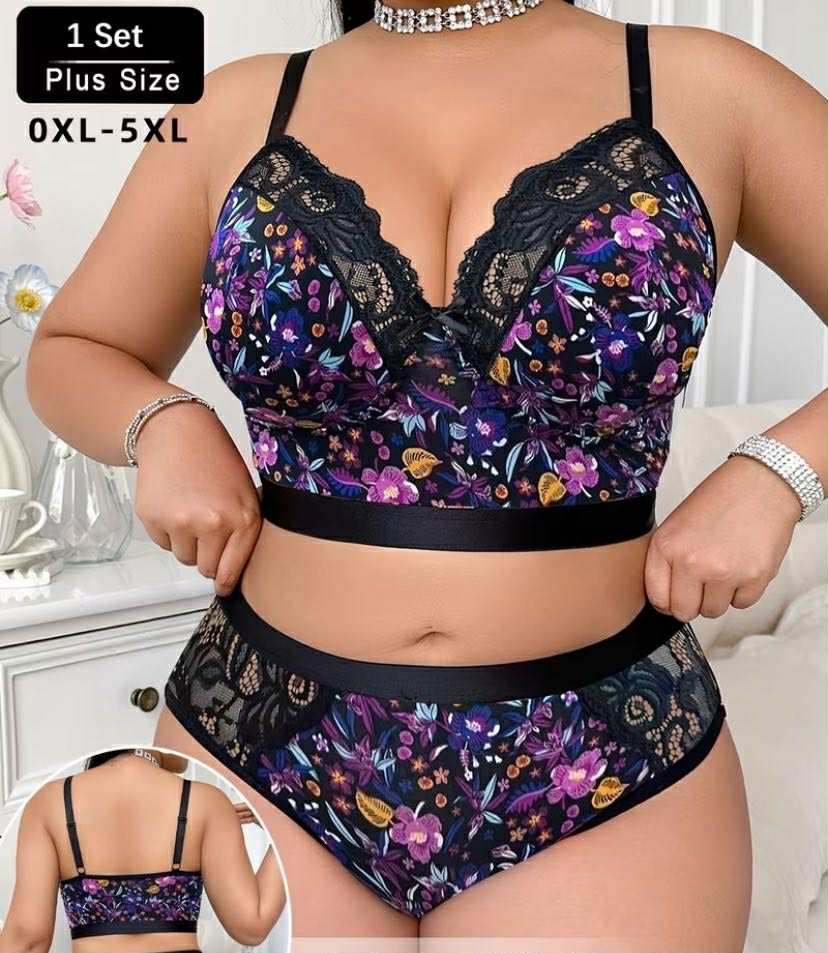 Plus Size Women'S Sexy Lingerie Set with Printed Lace Stitching