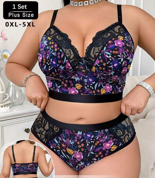 Plus Size Women'S Sexy Lingerie Set with Printed Lace Stitching