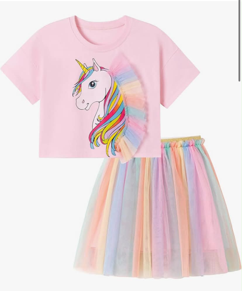 2 Piece set Unicorn Bunny Animal Print Short Sleeve Cotton T-Shirt Tops and Shorts & Skirt