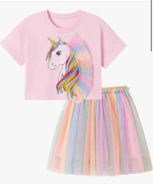 2 Piece set Unicorn Bunny Animal Print Short Sleeve Cotton T-Shirt Tops and Shorts & Skirt