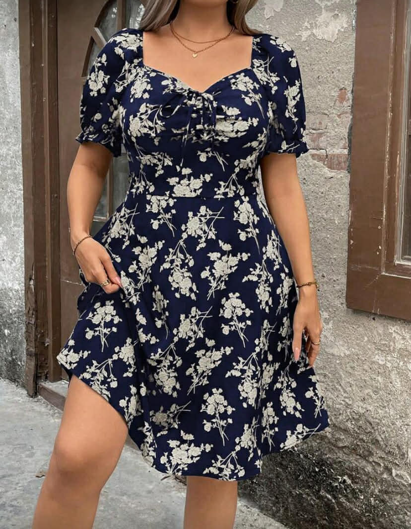DreamSkyne Plus Size Women Floral Print V-Neck Short Sleeve Knee-Length Dress