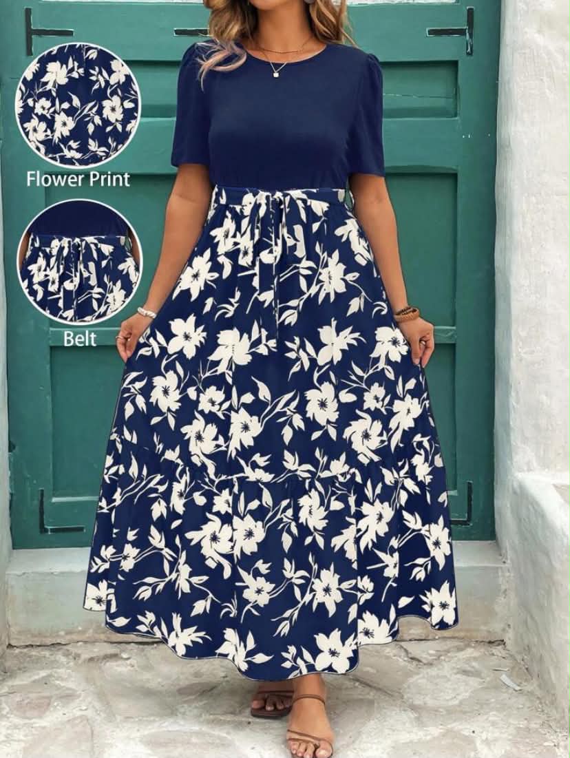 Plus Size Floral Print Ruffle Hem Short Sleeve Round Neck Dress,