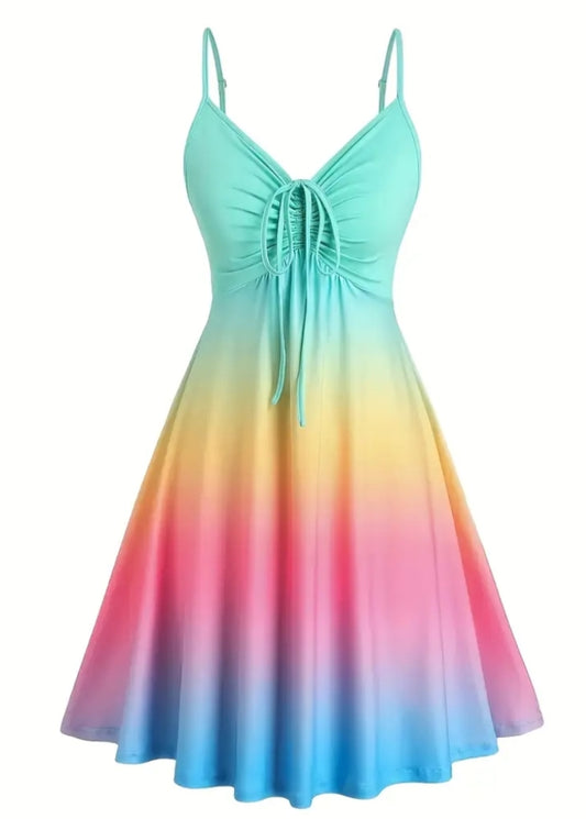 Plus Size, One-piece elegant plus-size rainbow print drawstring halter dress